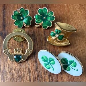 VTG Lot of Shamrock Porcelain St Patrick’s Day Avon Pin Earrings Hat Gold Tone